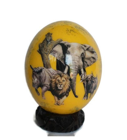 The African Big 5 Animals on a yellow and bit of gold background, Ostrich Egg Decoupage Artwork. Ready to Ship African Theme Christmas gifts