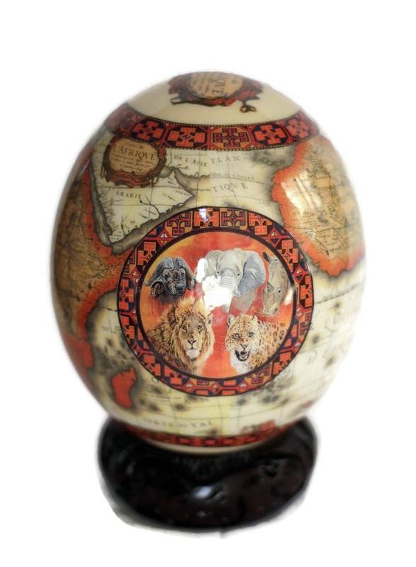 Fire themed Decoupage Ostrich Egg Shell with Big Five Animals and African Map. Unique Wedding Gifts Ready to Ship Express Worldwide.