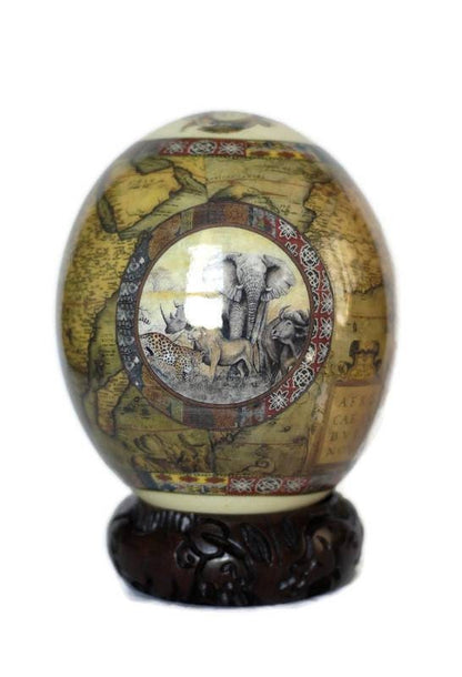 Brown Ostrich Egg Decoupage Art for home and office decoration gifts. Has African Map and big 5 Animals. Comes with a Carved Wood Ring stand