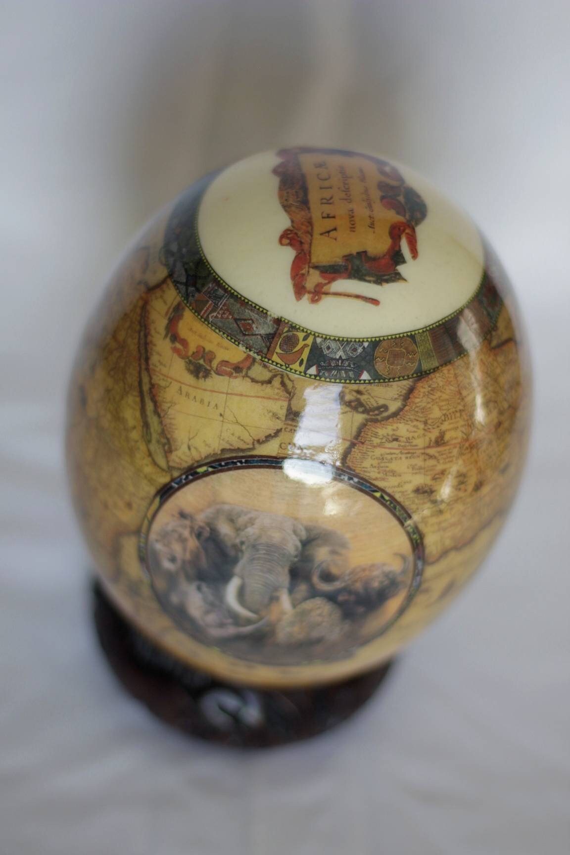 Brown Ostrich Egg Decoupage with Big Five Animals on a circle and brown African Map. Unique office /Home Decor Gifts. Ready to Ship Express