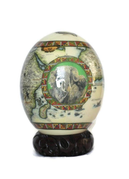 Green African Map Decoupage Ostrich Egg Shell with Big Five Animals on a green background circle. Express Shipping Worldwide. Art gifts