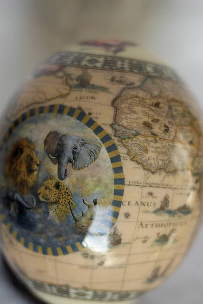 Ostrich Egg Decoupage print with African Map and Big Five Animals on a blue and yellow Circle. Color of the map is Brown. Art gifts Decor