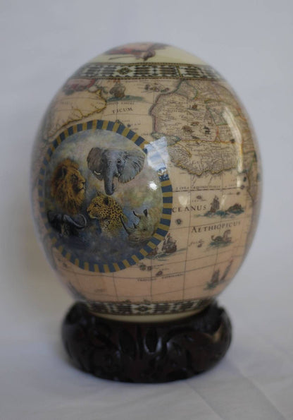 Ostrich Egg Decoupage print with African Map and Big Five Animals on a blue and yellow Circle. Color of the map is Brown. Art gifts Decor