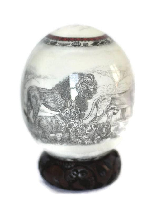 Black and white Lion Family Decoupage print on an authentic Ostrich Egg Shell. Unique African Art theme Anniversary gifts, Express shipping