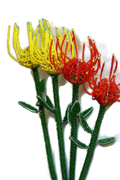 Beaded Pincushion Protea flower. Home and Office Decor floral Artwork by Job Guwhe. Express Shipping Worldwide. Custom Orders Welcome