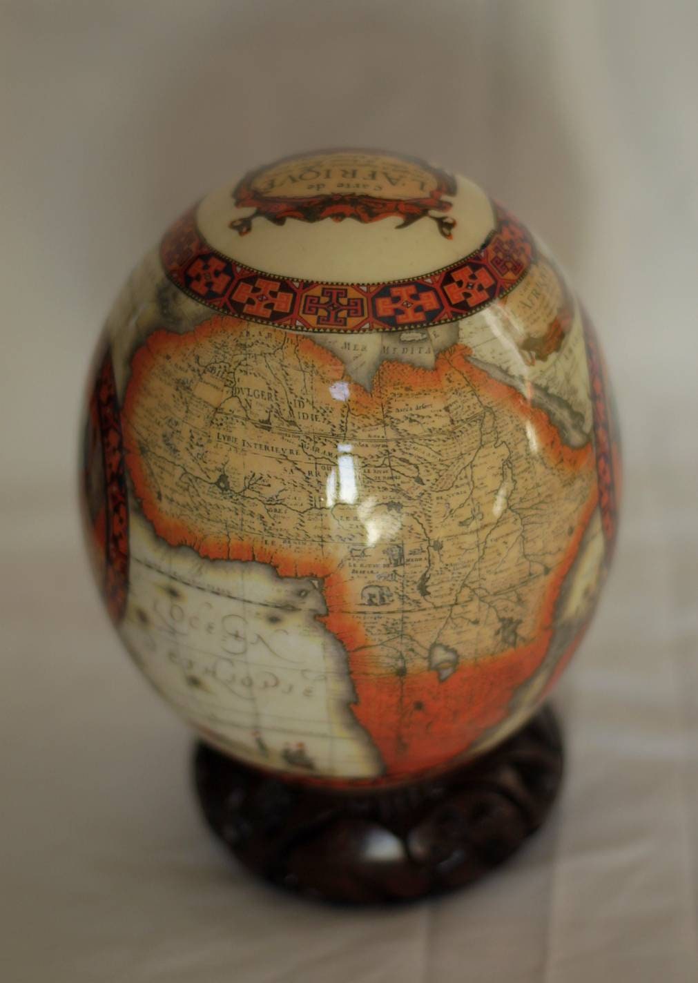 Fire themed Decoupage Ostrich Egg Shell with Big Five Animals and African Map. Unique Wedding Gifts Ready to Ship Express Worldwide.