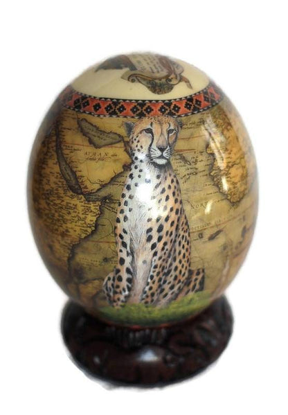 Ostrich Egg Decoupage Seating Cheetah with African Map Background. Comes with a Carved Wood stand. Art gifts Express Shipping Worldwide