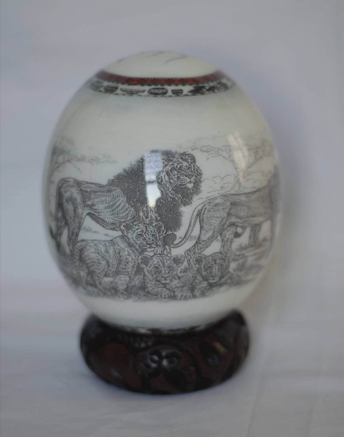 Black and white Lion Family Decoupage print on an authentic Ostrich Egg Shell. Unique African Art theme Anniversary gifts, Express shipping