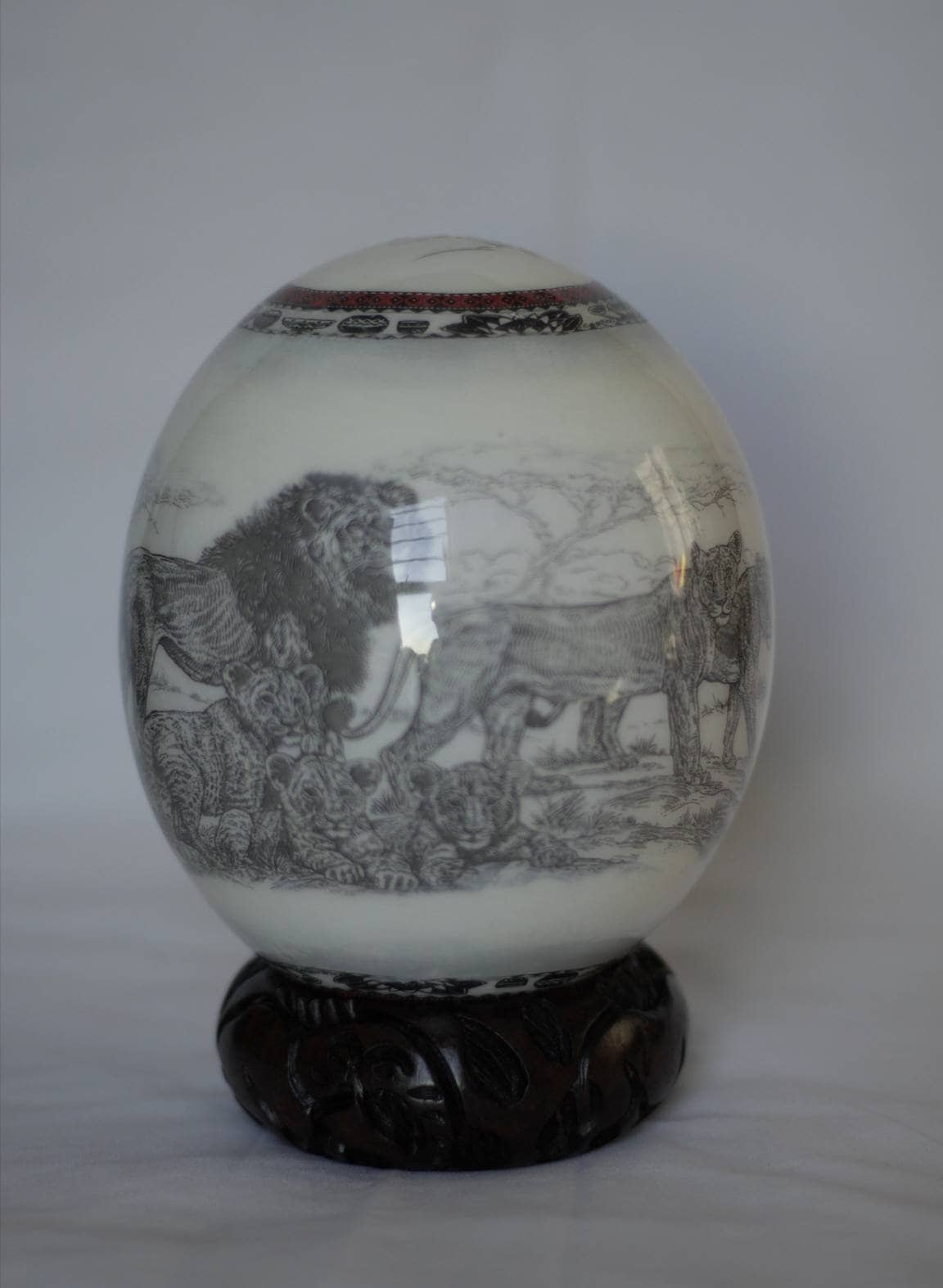 Black and white Lion Family Decoupage print on an authentic Ostrich Egg Shell. Unique African Art theme Anniversary gifts, Express shipping