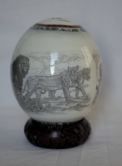 Black and white Lion Family Decoupage print on an authentic Ostrich Egg Shell. Unique African Art theme Anniversary gifts, Express shipping