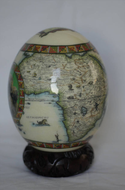 Green African Map Decoupage Ostrich Egg Shell with Big Five Animals on a green background circle. Express Shipping Worldwide. Art gifts