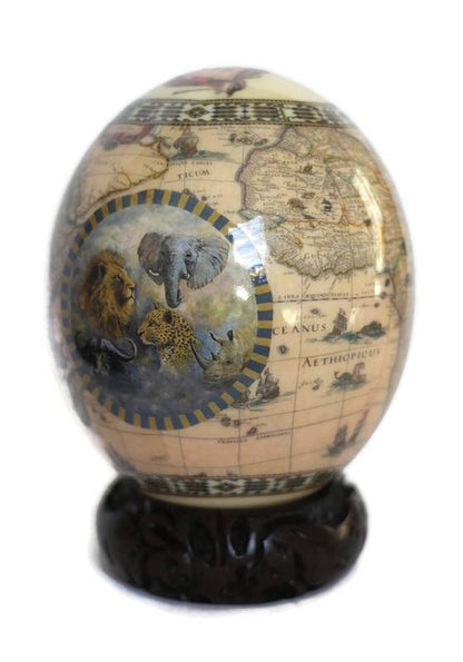 Ostrich Egg Decoupage print with African Map and Big Five Animals on a blue and yellow Circle. Color of the map is Brown. Art gifts Decor