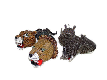 Beaded Big 5 Animals mini trophies. Lion, Leopard, Elephant, Rhino and Buffalo heads Wall Hanging art Shipping Worldwide. handmade gifts