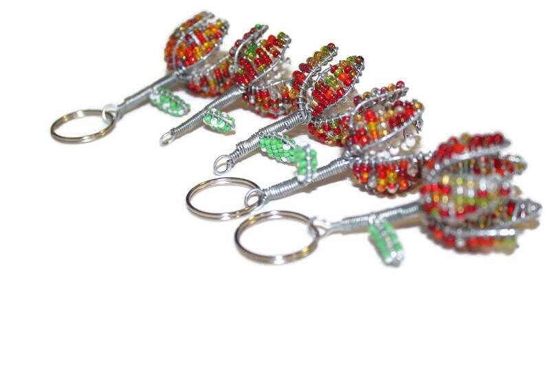 Set of 5 Beaded Protea flower keyholders. Mini 3-4cm Keyring by JNGcape. Beads and wire handmade African Art. Customized thank you gifts.