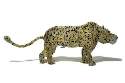 Light brown, clear and black beaded Leopard figurines by Job Guwhe. Express Shipping Worldwide, custom Orders Welcome. Walking big cat art