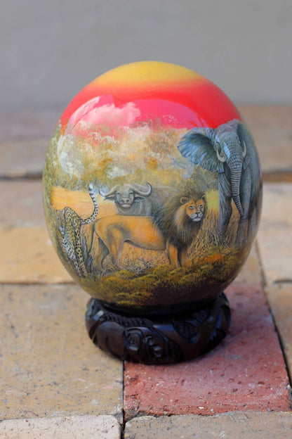 African Big Five Ostrich Egg Decoupage home decor ornament. Elephant, Lion Cheetah, Rhino and Buffalo Animal print on a red Background. Gift