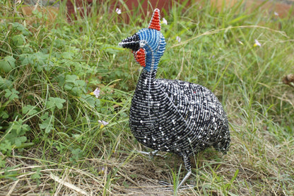 20cm Tall beaded Guinea Fowl Sculpture. Black, white, grey beads and wire handmade by Job Guwhe. African Art gifts/Souvenirs. Ships Express