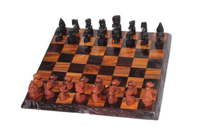 Malawian handcarved mix of Ebony and Mahogany Wood Chess Set. 29x29cm board game to give as gift to loved ones. Express Shipping Worldwide