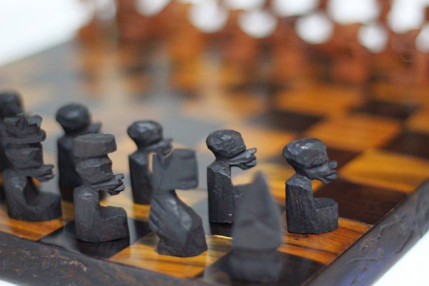 Malawian handcarved mix of Ebony and Mahogany Wood Chess Set. 29x29cm board game to give as gift to loved ones. Express Shipping Worldwide