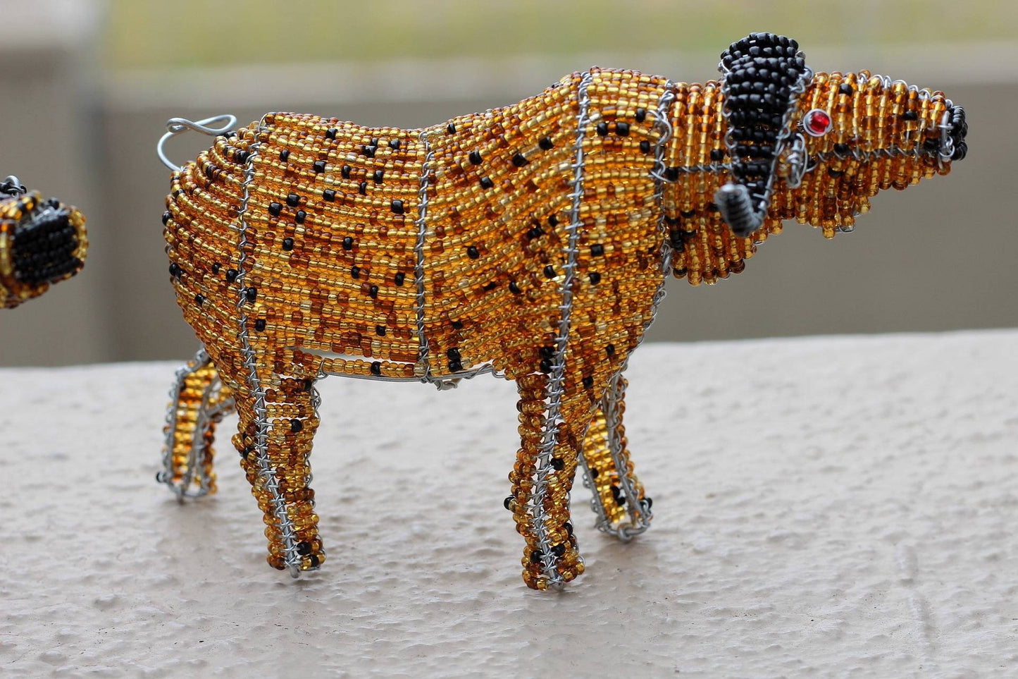 Beaded Water Buffalo figurines by Job Guwhe. Handmade Gold, brown, black beads and wire animals. Home / Office Decor Ready to Ship Express