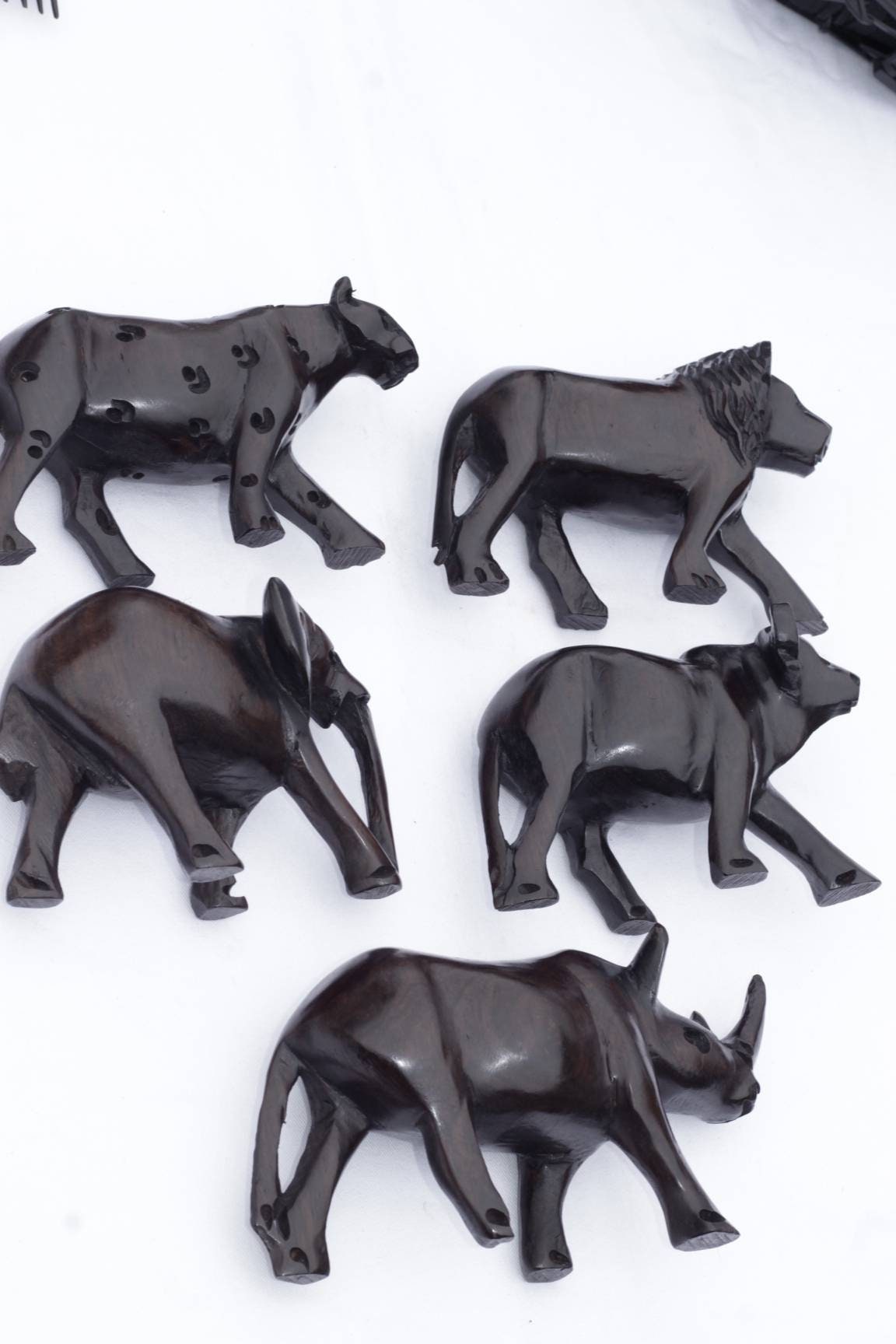 Ebony Wood Big Five Animals. Malawian Handmade Figurines set Express Shipping Worldwide. Best for home and office decoration. Unique Gifts