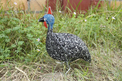 20cm Tall beaded Guinea Fowl Sculpture. Black, white, grey beads and wire handmade by Job Guwhe. African Art gifts/Souvenirs. Ships Express