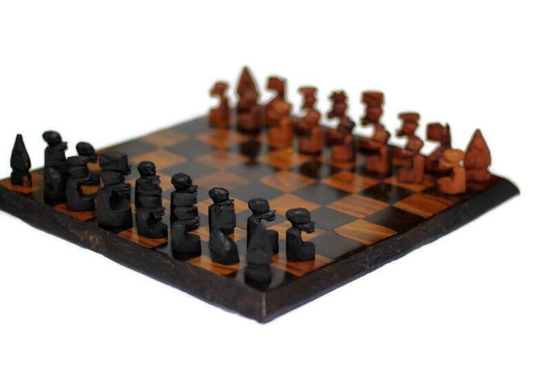 Malawian handcarved mix of Ebony and Mahogany Wood Chess Set. 29x29cm board game to give as gift to loved ones. Express Shipping Worldwide