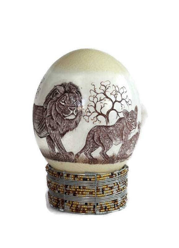 King of the Jungle Painted Scrimshaw Ostrich Egg. Lion Family art on Shell Ornament. Unique African Home Decor Gifts Express Shipping