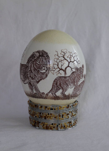 King of the Jungle Painted Scrimshaw Ostrich Egg. Lion Family art on Shell Ornament. Unique African Home Decor Gifts Express Shipping