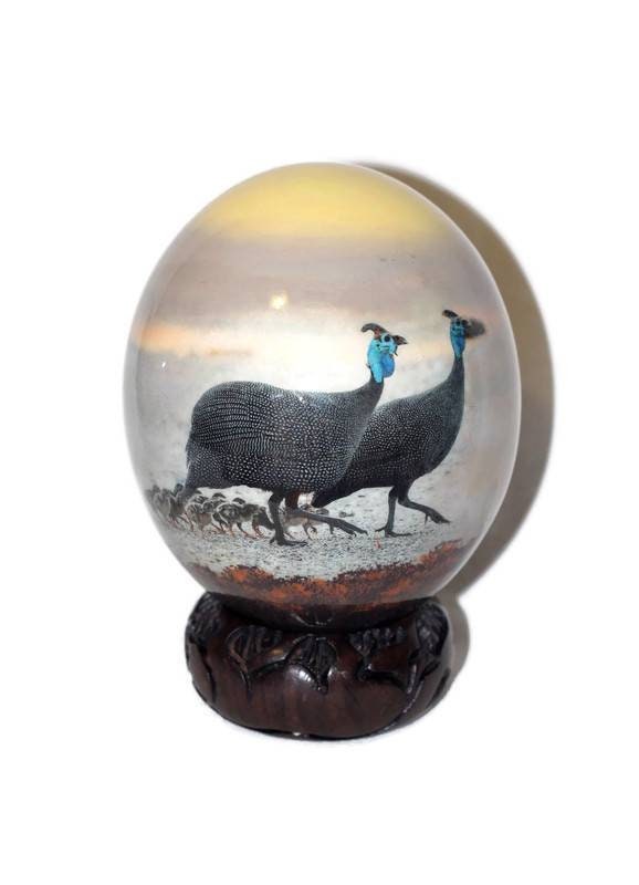 Decoupage Ostrich Egg with Guinea Fowls in a forest. Black and White birds on a brown dry grass / forest background. Unique Wedding Gifts