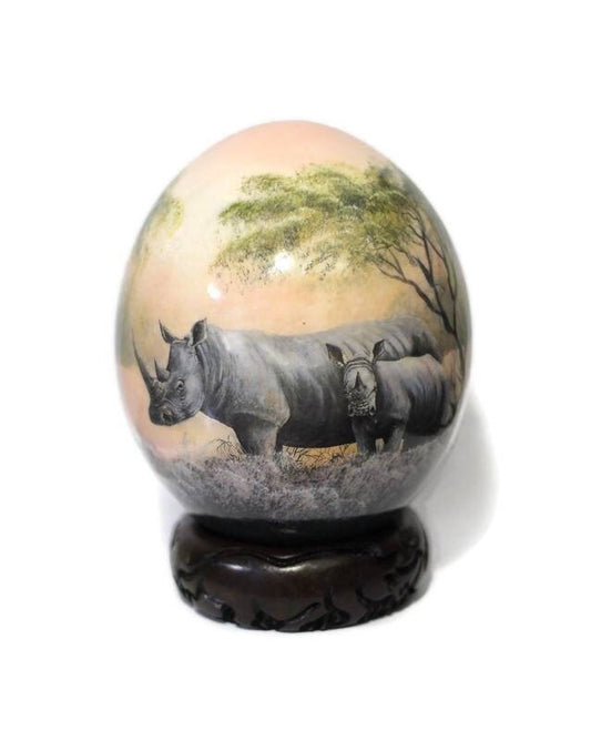 Hand Painted Rhino Family Decoupage on an authentic Ostrich Egg Shell. Unique African art Gifts for Home and office decor. Express Shipping