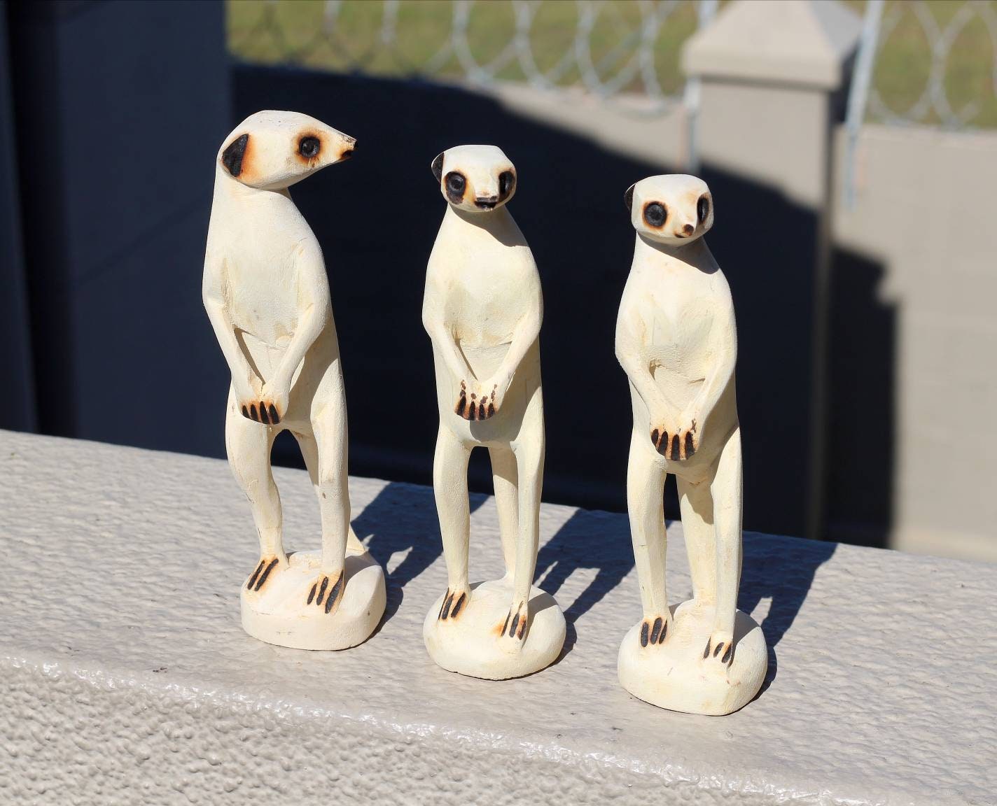 Set of 3 Guarding Meerkats Olive wood figurines. Hand carved Mongoose/Suricate with base stand. Ready to ship Express gifts. Zimbabwean art