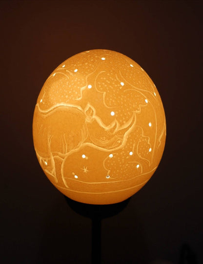 Rhino Carved Ostrich Egg Shell lampshade. Unique African lighting Gifts. Ready to Ship Housewarming gifts for him/her. 5,5" x 4,5"