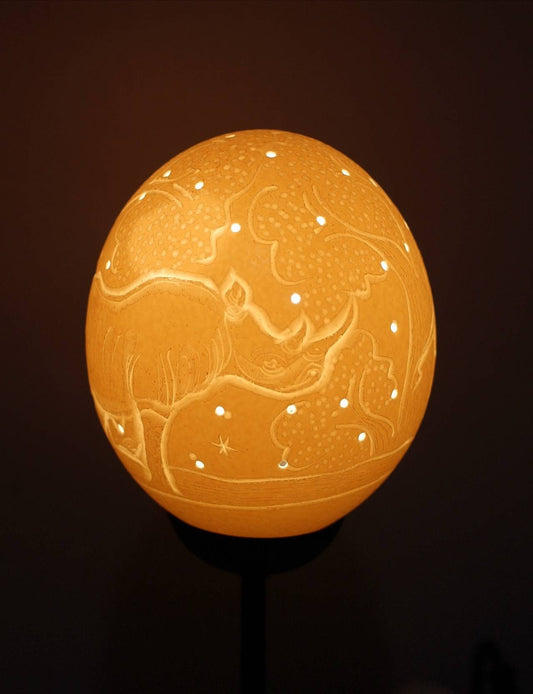 Rhino Carved Ostrich Egg Shell lampshade. Unique African lighting Gifts. Ready to Ship Housewarming gifts for him/her. 5,5" x 4,5"