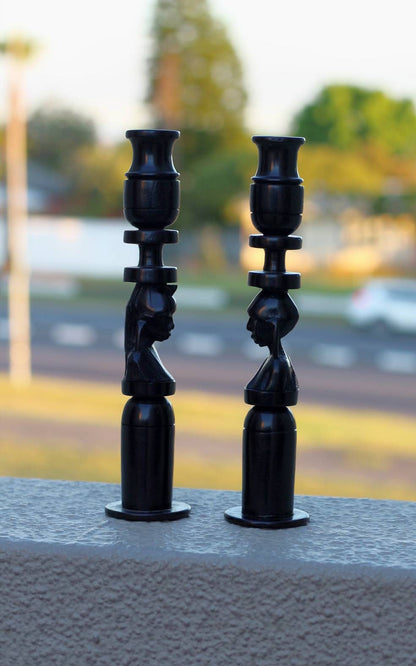 Tanzanian Handcarved Ebony wood Candlestick holder with Masaai Couple. Pair of candle stands, African Gifts Ready to Ship Express Worldwide