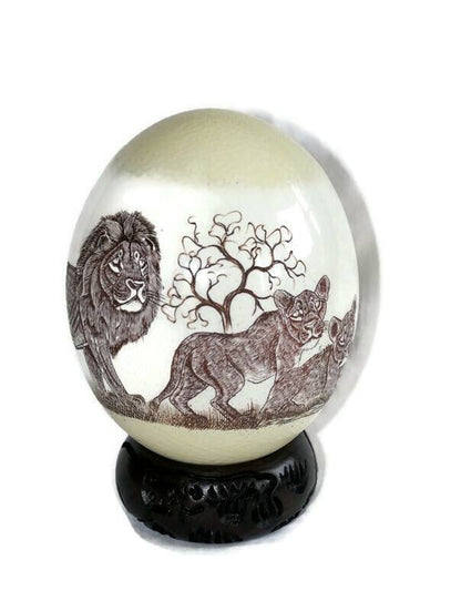 King of the Jungle Painted Scrimshaw Ostrich Egg. Lion Family art on Shell Ornament. Unique African Home Decor Gifts Express Shipping