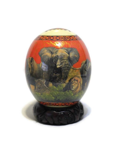 Decoupage Ostrich Egg Big 5 African Art Painted. Red / Blue Background Animal Print Home Decor. Unique Gifts Express Shipping Worldwide