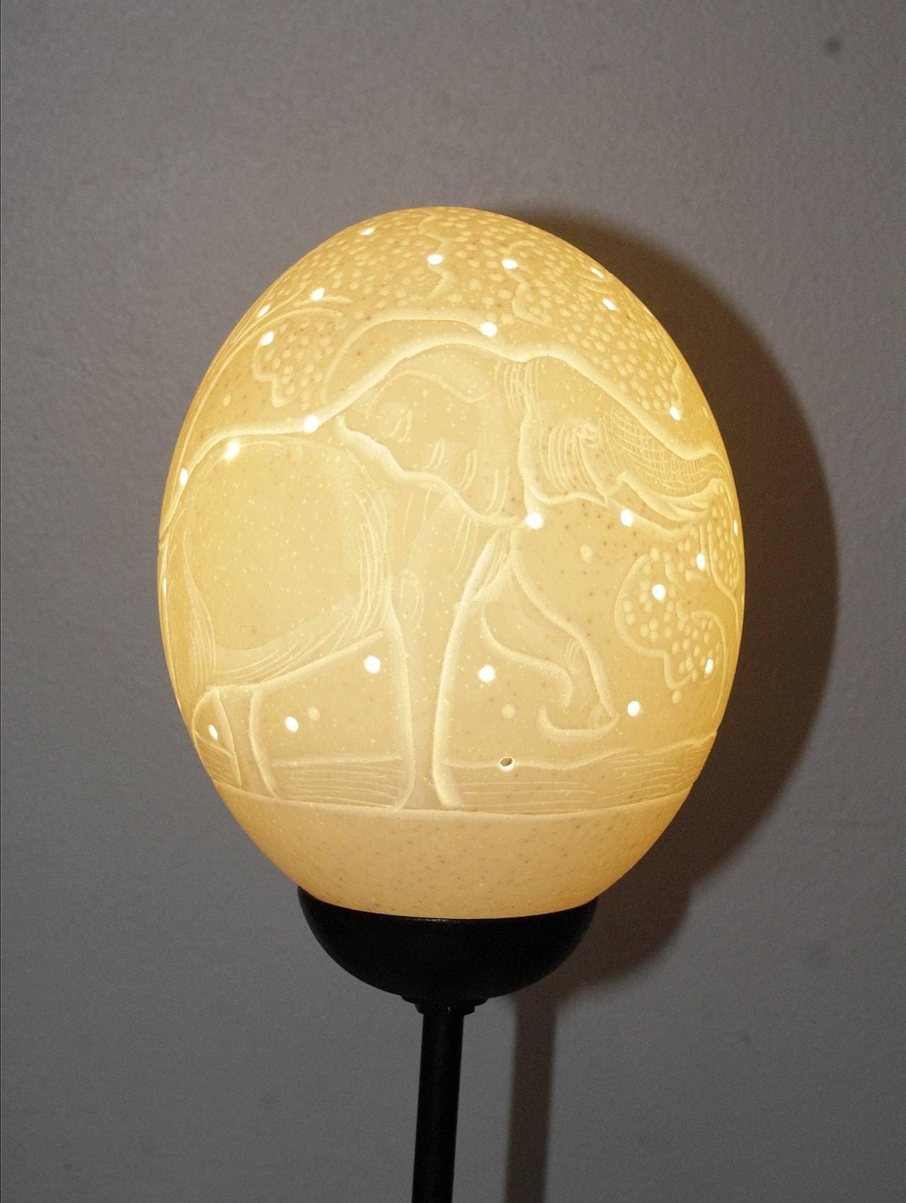 Carved Ostrich Egg, lighting Ostrich Egg lamp, Handmade bedside lampshade from South Africa HandCrafted African Artwork Decorative piece Art