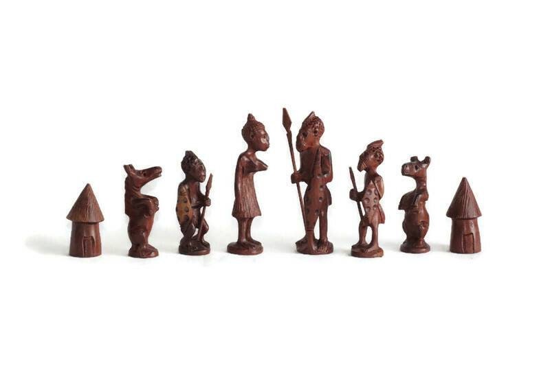 Zimbabwean handcarved Warriors Chess Set Art Masterpiece. Ebony and Mahogany Wood pieces. For play or decor, Ready to Ship Express Worldwide