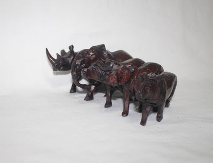 Ironwood Carved Big Five Animals mini figurines. Set of 5 standing lifelike Sculptures. Zimbabwean style brown hardwood art. Unique gifts