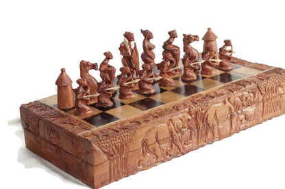 Khoisan Hunters Chess Set Large Masterpiece. Zimbabwean handcarved Foldable board with African Big Five Animals. Olive, Ebony, Mahogany Wood