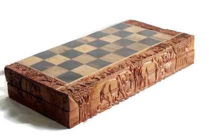 Khoisan Hunters Chess Set Large Masterpiece. Zimbabwean handcarved Foldable board with African Big Five Animals. Olive, Ebony, Mahogany Wood