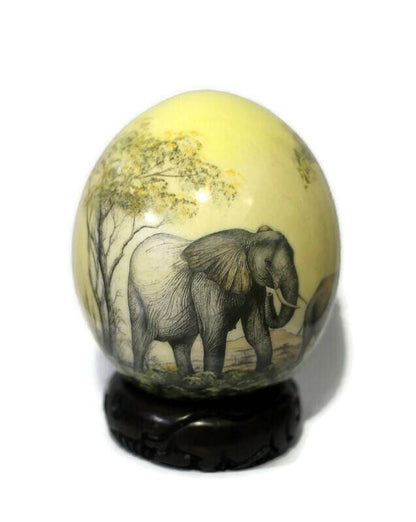 Elephant with Calf Decoupage Ostrich Egg Shell. Hand painted Safari art, grazing Family Home Decor Ornament. Yellow background, ShipsExpress