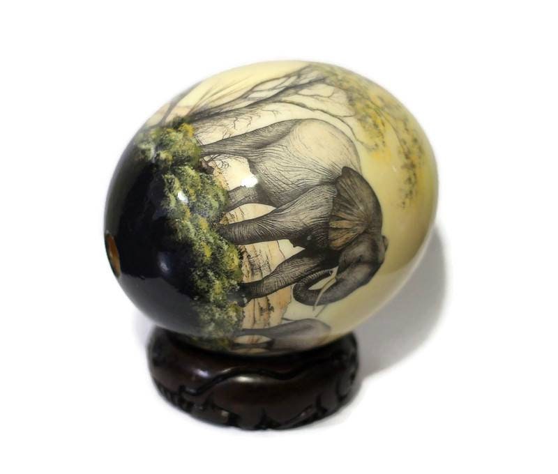 Elephant with Calf Decoupage Ostrich Egg Shell. Hand painted Safari art, grazing Family Home Decor Ornament. Yellow background, ShipsExpress