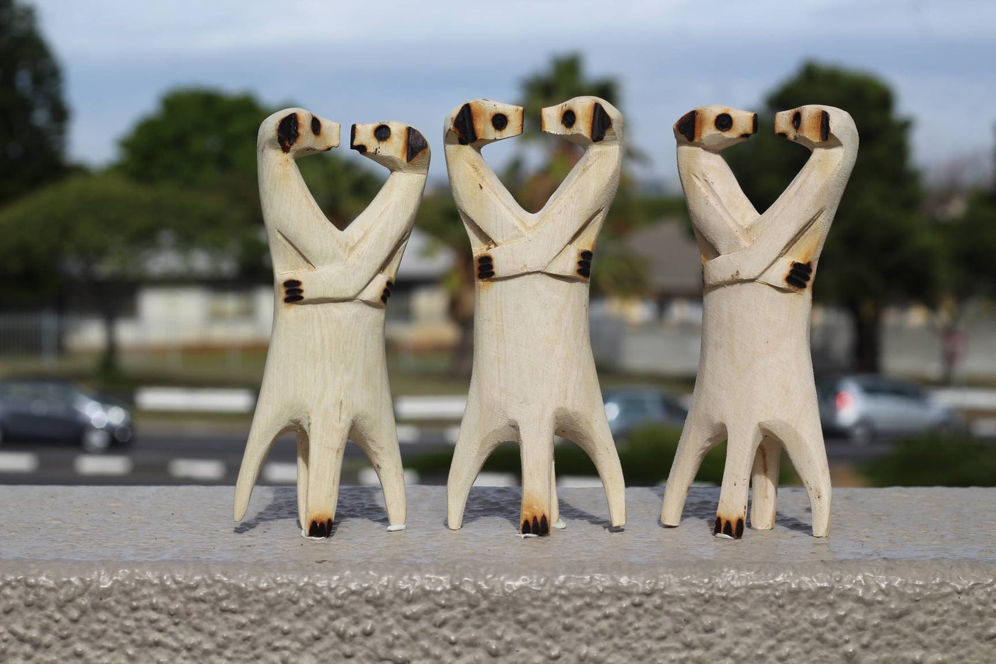 Set of 3 Kissing Handcarved Meerkats, Olive Wood. Hugging/In love Suricate couples. African Interior Decor Gifts Express Shipping Worldwide