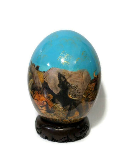 Decoupage Ostrich Egg Big 5 African Art Painted. Red / Blue Background Animal Print Home Decor. Unique Gifts Express Shipping Worldwide