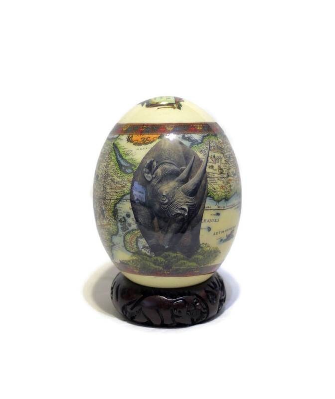 Ostrich Egg Decoupage Art. Long Horn Front Facing Rhino on an Africa Nova Descriptio Map background. Anniversary Gifts Ready to Ship Express