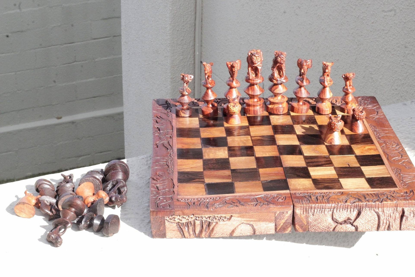 African Big Five Animals Chessboard Art. Ebony and Rose Wood Hand Carved Gaming board. Square Brown Birthday gifts. Express DHL Shipping