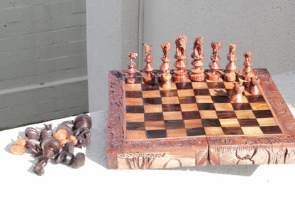 African Big Five Animals Chessboard Art. Ebony and Rose Wood Hand Carved Gaming board. Square Brown Birthday gifts. Express DHL Shipping