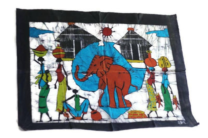 African Map and Elephant on  a Village background Mozambique Batik Painting. Unframed Wall Art Deco gifts. Ready to Ship Express Worldwide